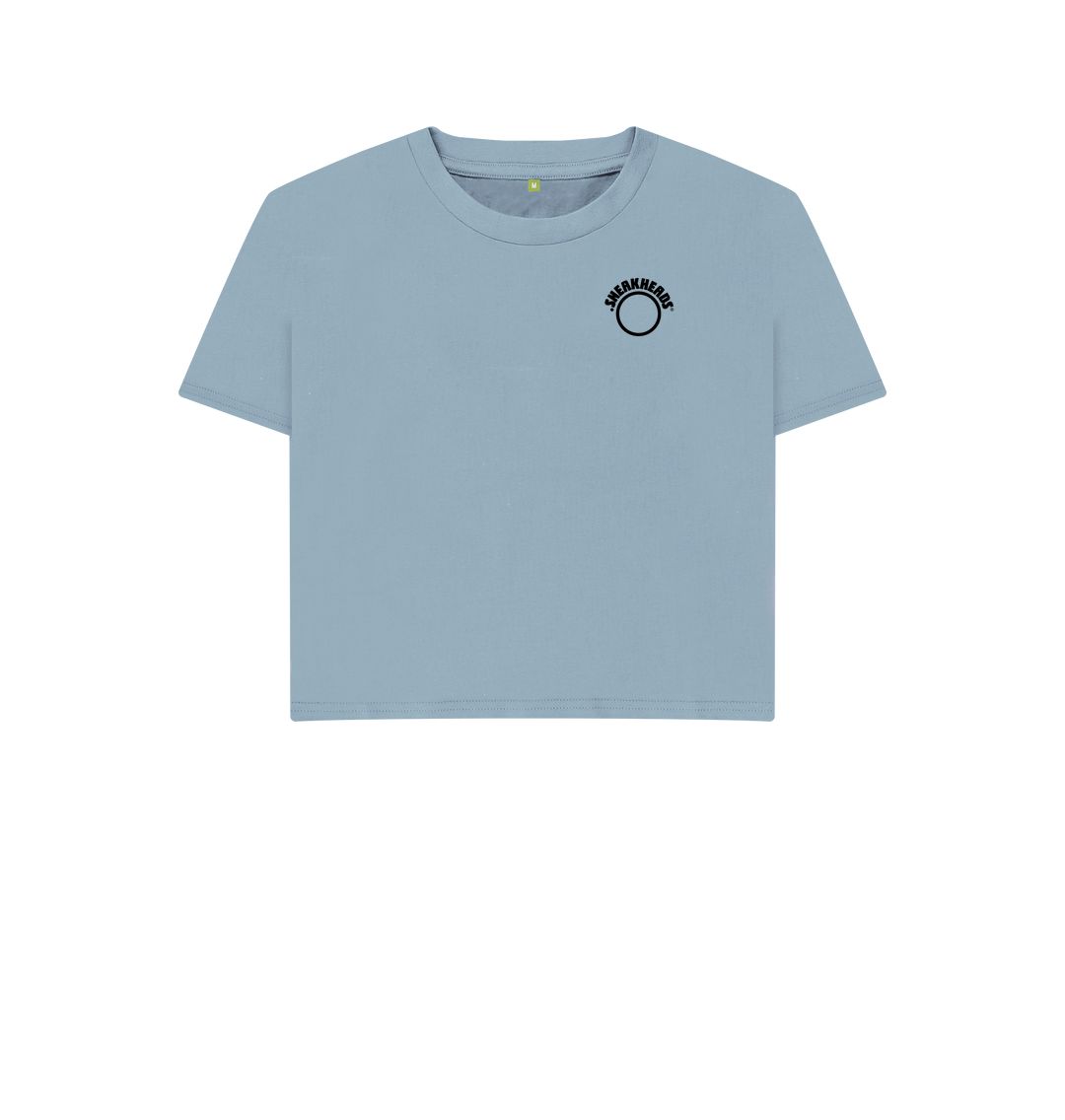 Stone Blue SneakHeads\u00ae Teemill Boxy crop t-shirt Logo black